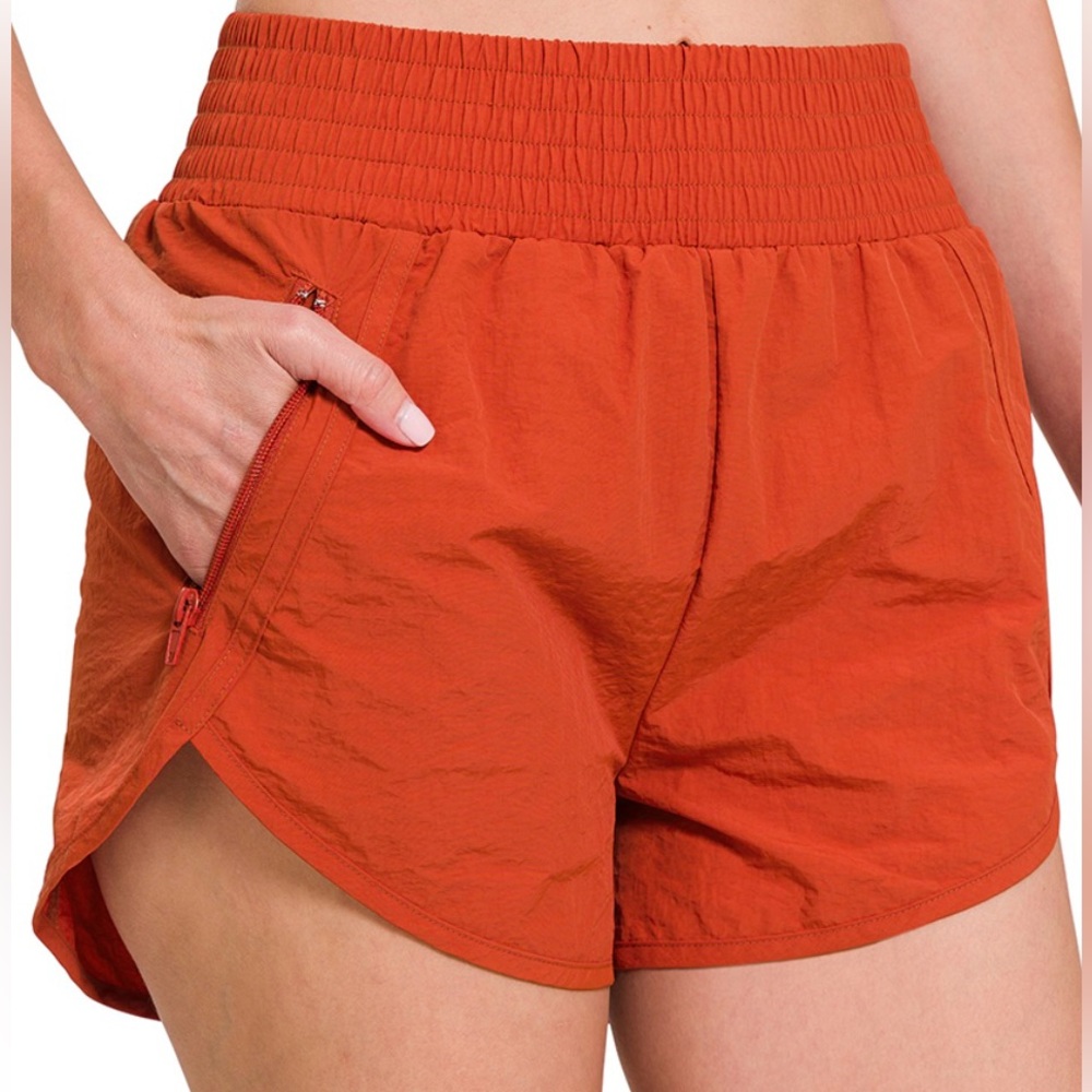 NEW! ZENANA Windbreaker Smocked Waistband Running Shorts in Copper